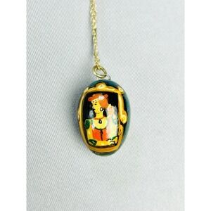 Vintage Wooden Hand Painted Egg Portrait & Flowers Pendant On Chain Necklace '85